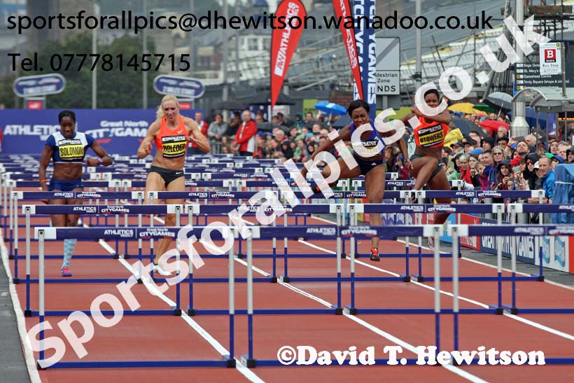 Tiffany Porter wins the 100 metres hurdles, Great North CityGames. Photo: David T. Hewitson/Sports for All Pics
